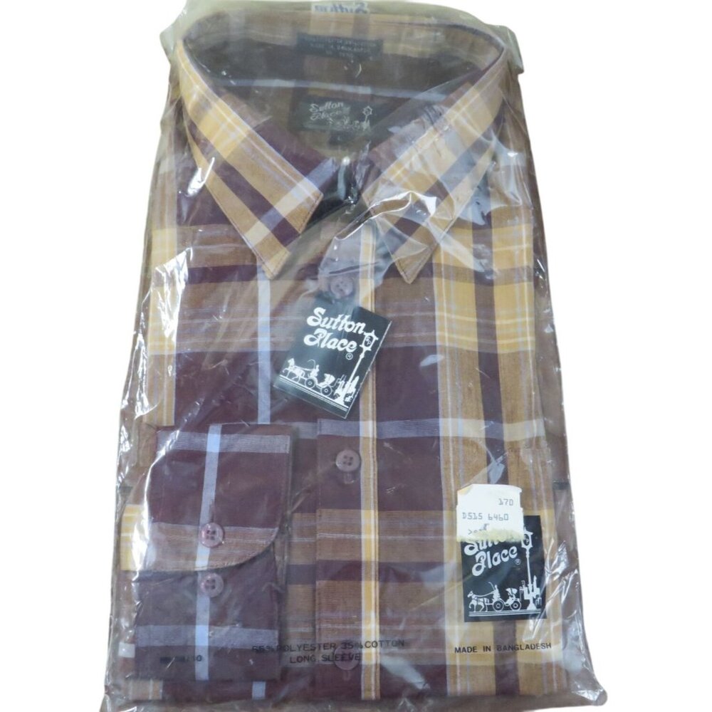 Vintage Sutton Place Men's Long Sleeve Plaid Shirt Size 17D Brown or Large